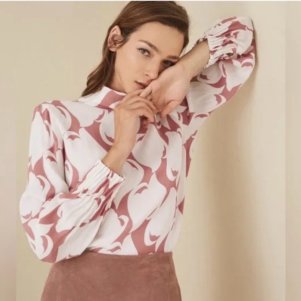 Reiss Adina Print Pink White Long Sleeve Blouse Size 0 EUC
